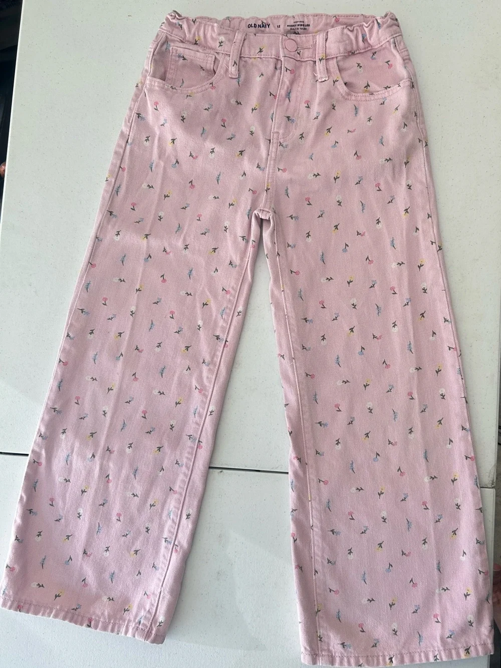Old Navy Girls Size 12 High Rise Baggy Wide Leg Jeans Pink Floral Print Denim